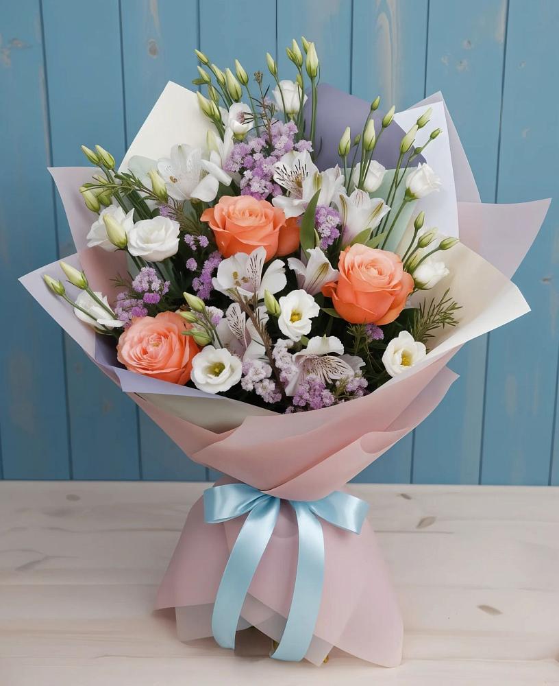 Букет цветов из: Лизиантусы, Розы, Альстромерии и Гипсофила в Старой Майне